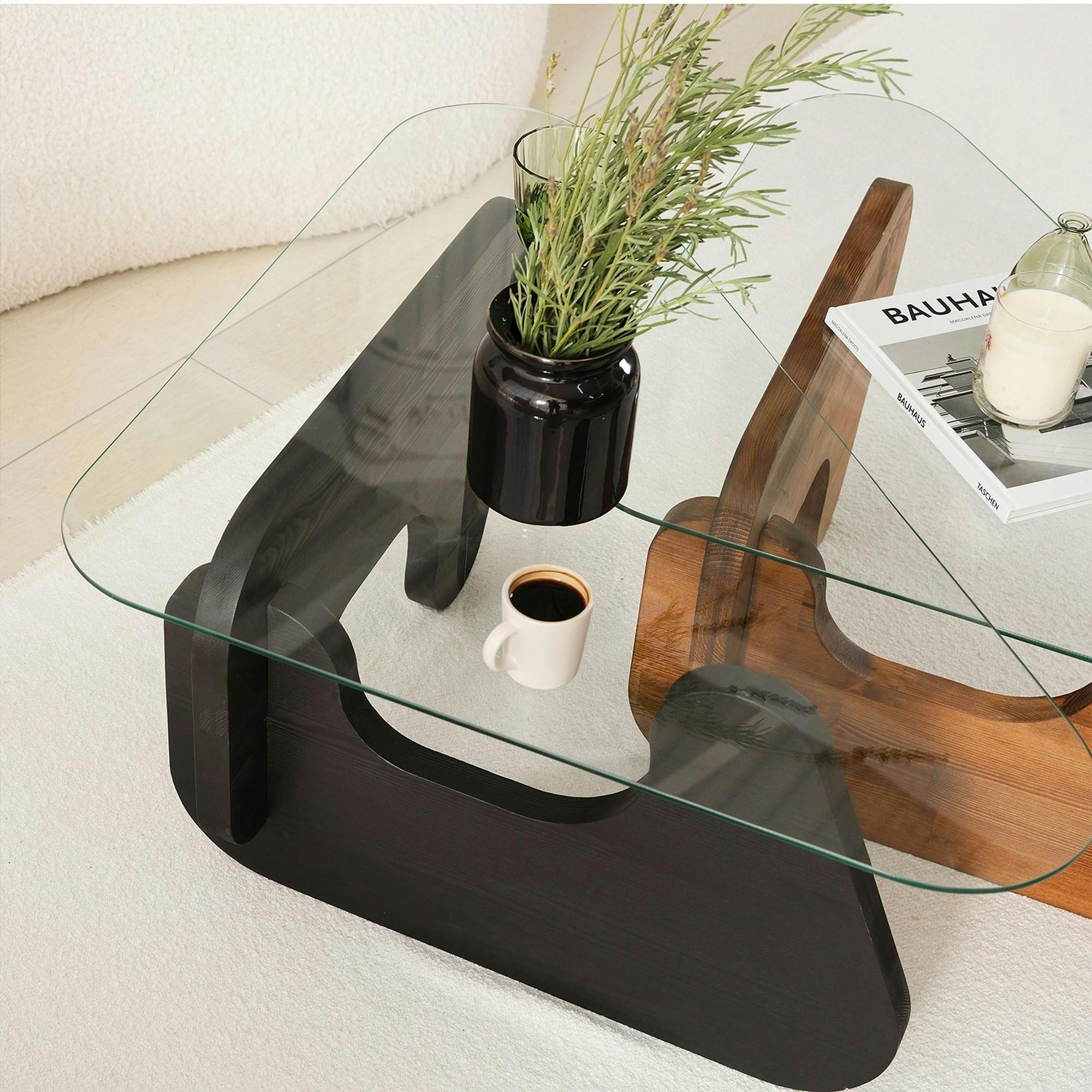 Table basse gigogne verre - 2 bois, triangle (lot de 2) ANZIO
