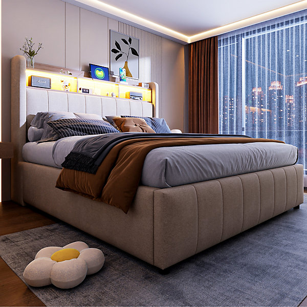 Lit 140x200 cm avec rangement hydraulique et tête de lit LED, revêtu de lin beige au design contemporain