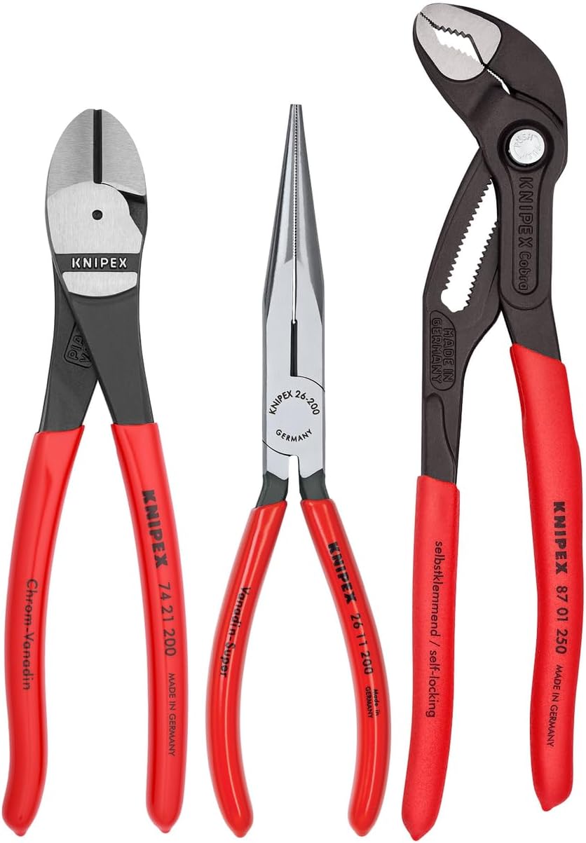 Knipex Tools 00 20 08 US2 Long Nose, Diagonal Cutter, and Cobra Pliers 3-Piece Tool Set