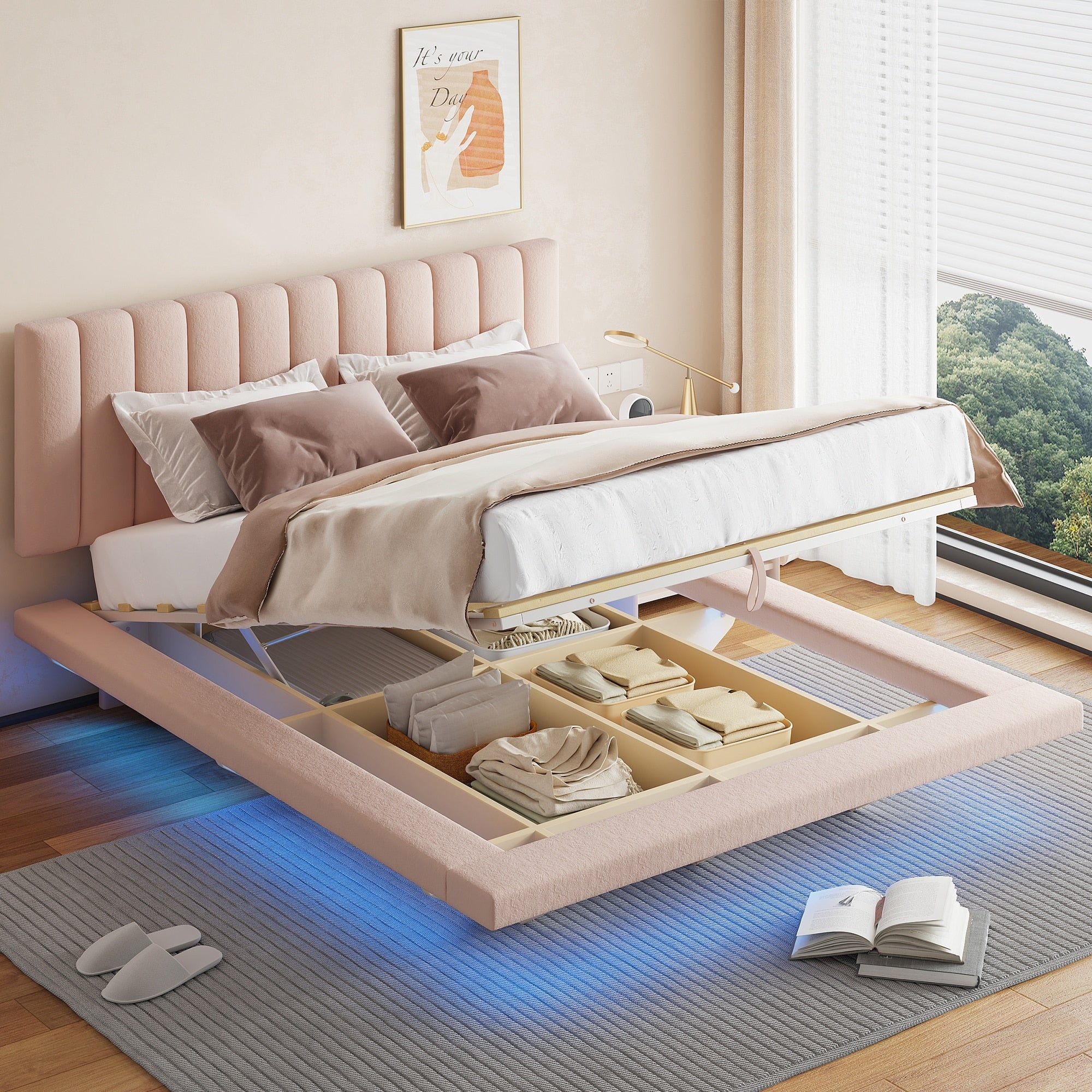 Upholstered Queen Bed with 4 Storage Compartments, Hydraulic Lift, and LED Strip