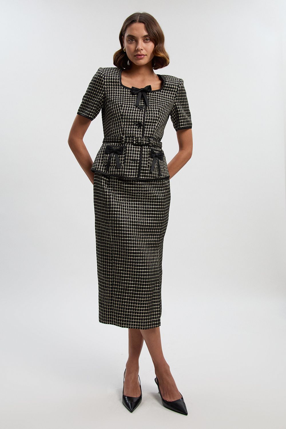 KarenMillen Tailored Tweed Bow Detail Midi Pencil Dress