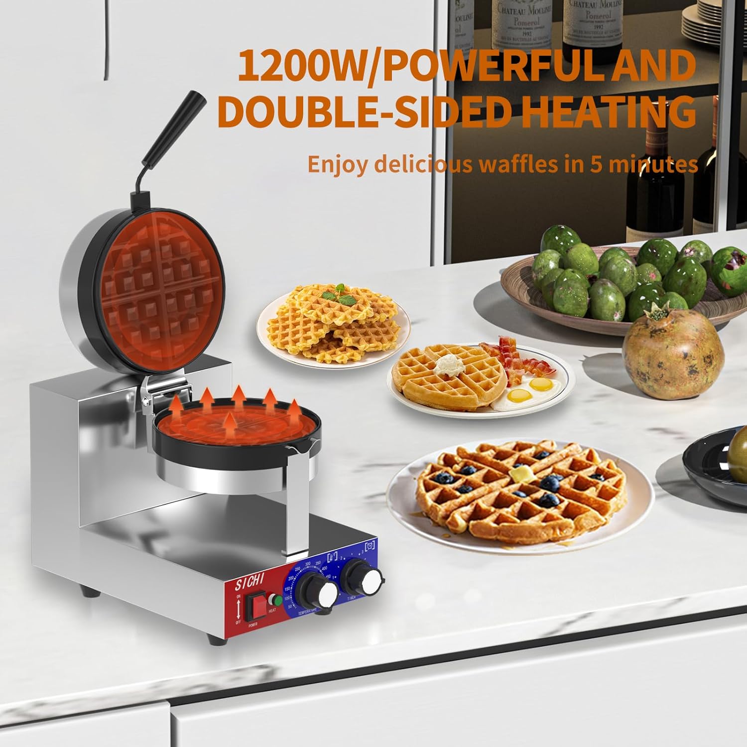 Commercial Waffle Maker - Belgian Waffle Maker w/Non-stick Baking Pan and 550℉ Heating, 1200W Rotating Waffle Iron for 1.2 Thick, Stainless Steel Round Waffle Machine for Restaurant