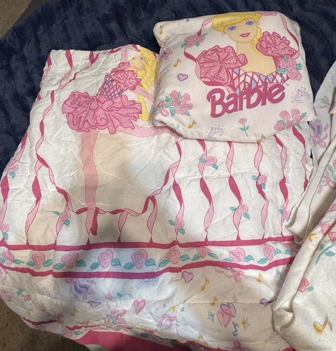 Vintage 1995 Barbie Ballerina Mattel Bedding Lot Comforter Pillow Sheet Pink
