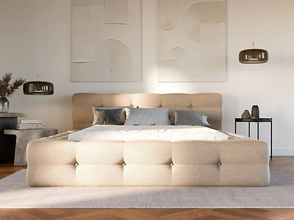 Lit capitonné 140 x 190 cm - Tissu chiné - Beige - LERUCO