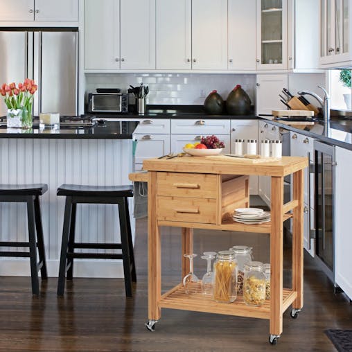 NNECW Rolling Bamboo Kitchen Island Cart with Drawers & Shelves for Dining Room