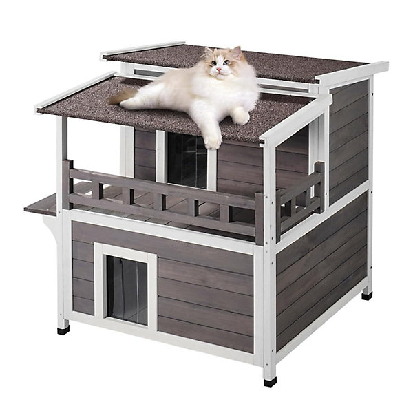 Maison pour Chat d'Extérieur en Bois, 750x751x820 mm, Résistante aux Intempéries, 2 étages, Portes, Volets en PVC, Toit Ouvert