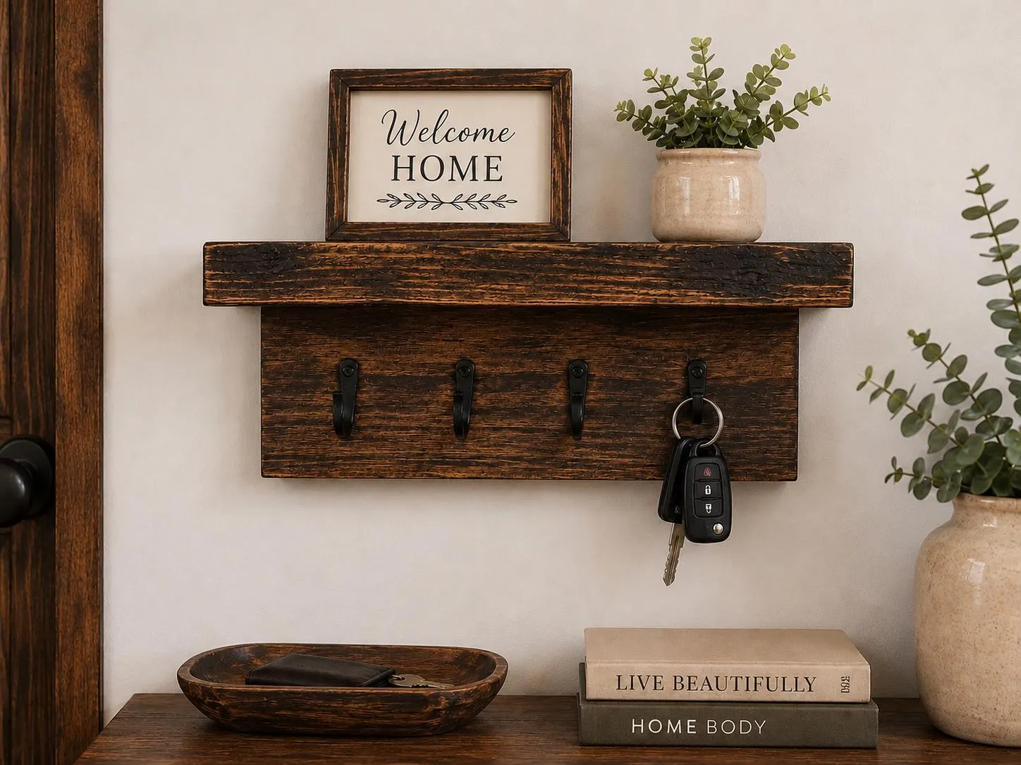 Rustic Solid Wood Key Holder with Shelf | Entryway Organizer, Black Metal Hooks