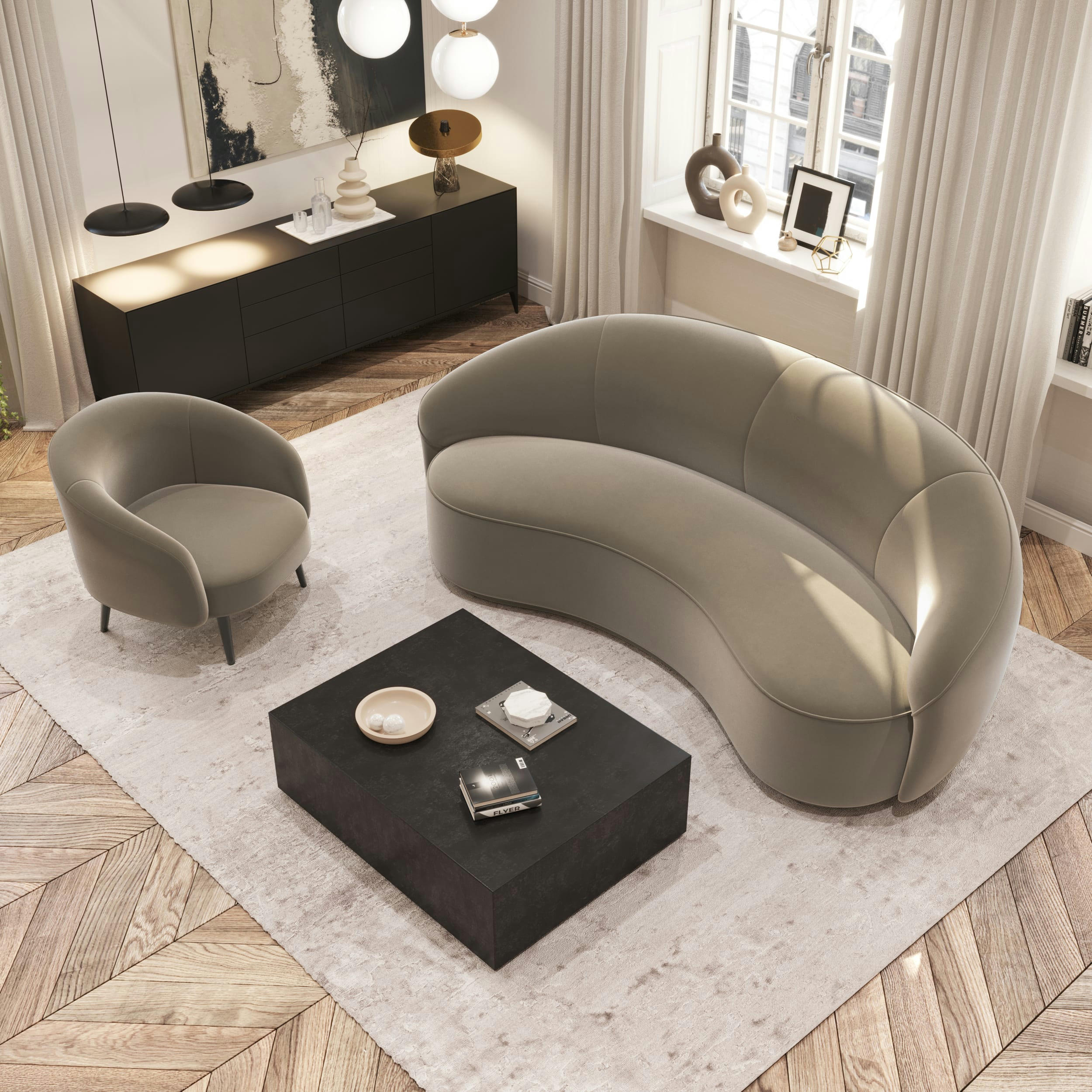 LUNA MARIE - Fauteuil tissu velours beige taupe