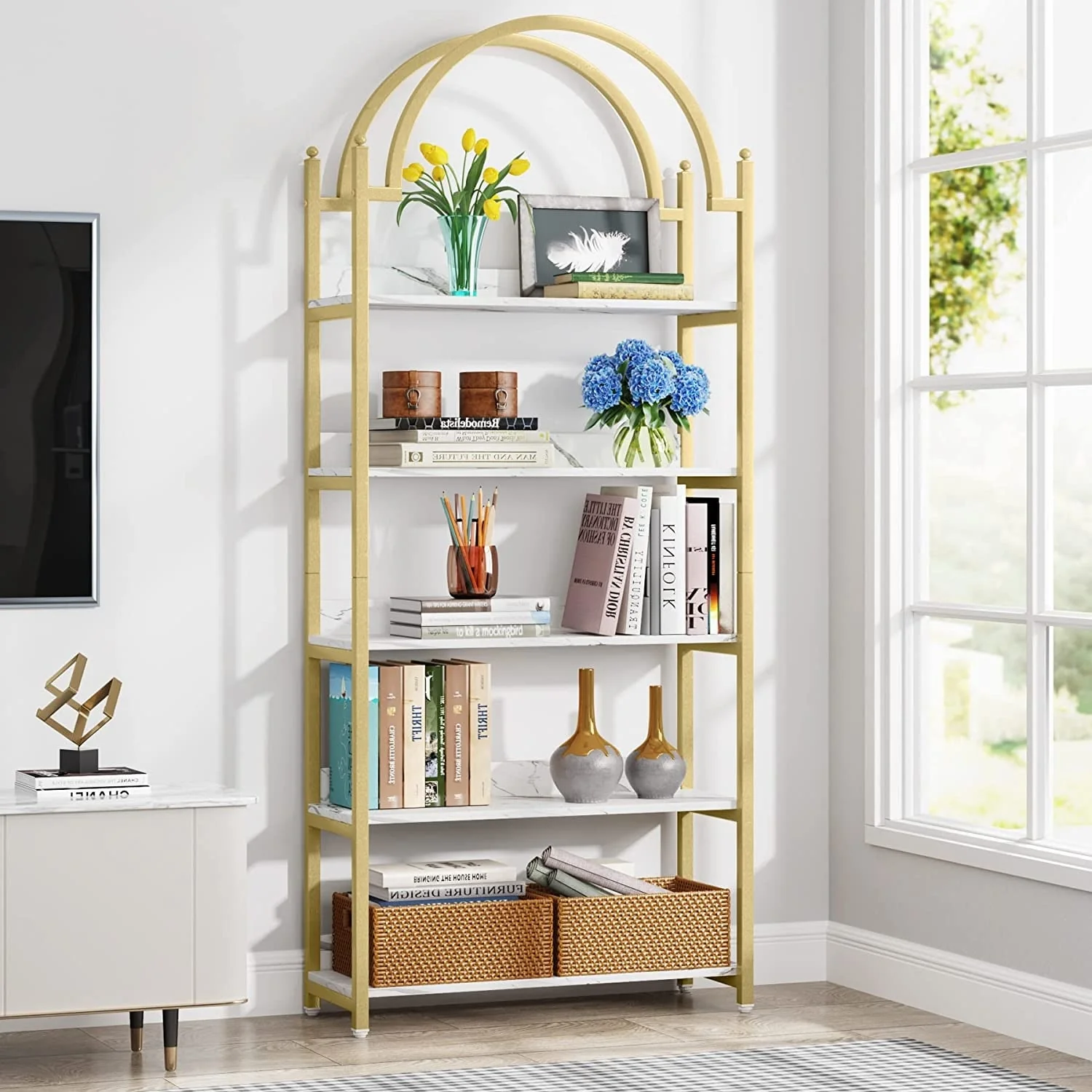 5 Tier Gold Bookshelf, Arched Bookcase, Storage Rack Shelves in Living Room/Home/Office/Bedroom