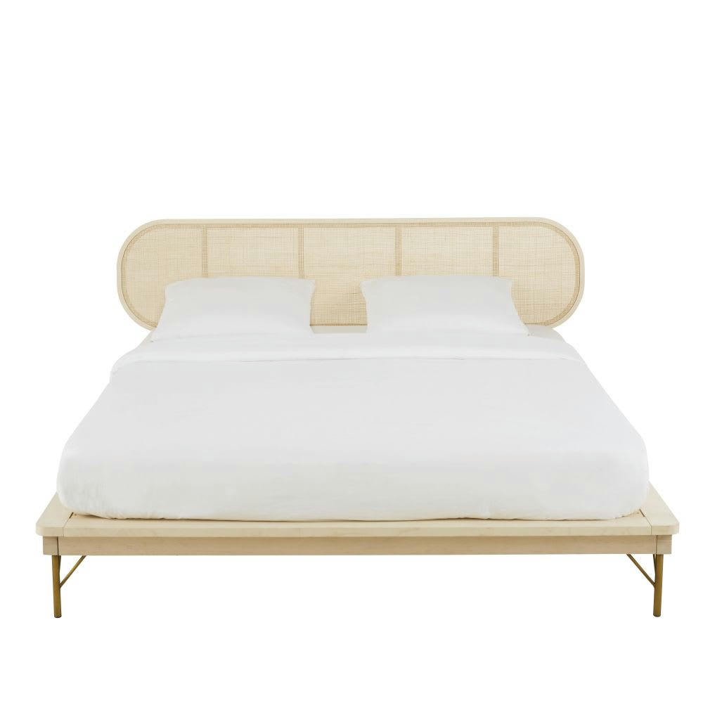 Solstice - Lit 160x200 en pin massif et cannage en rotin tressé avec sommier à lattes