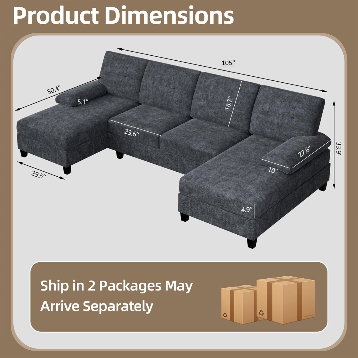 U-Shaped Sectional Couches for Living Room, 4 Seat Sofa with Double Chaise Lounges,Solid Wood Frame Sectional Sofa for Apartment,Dark Grey