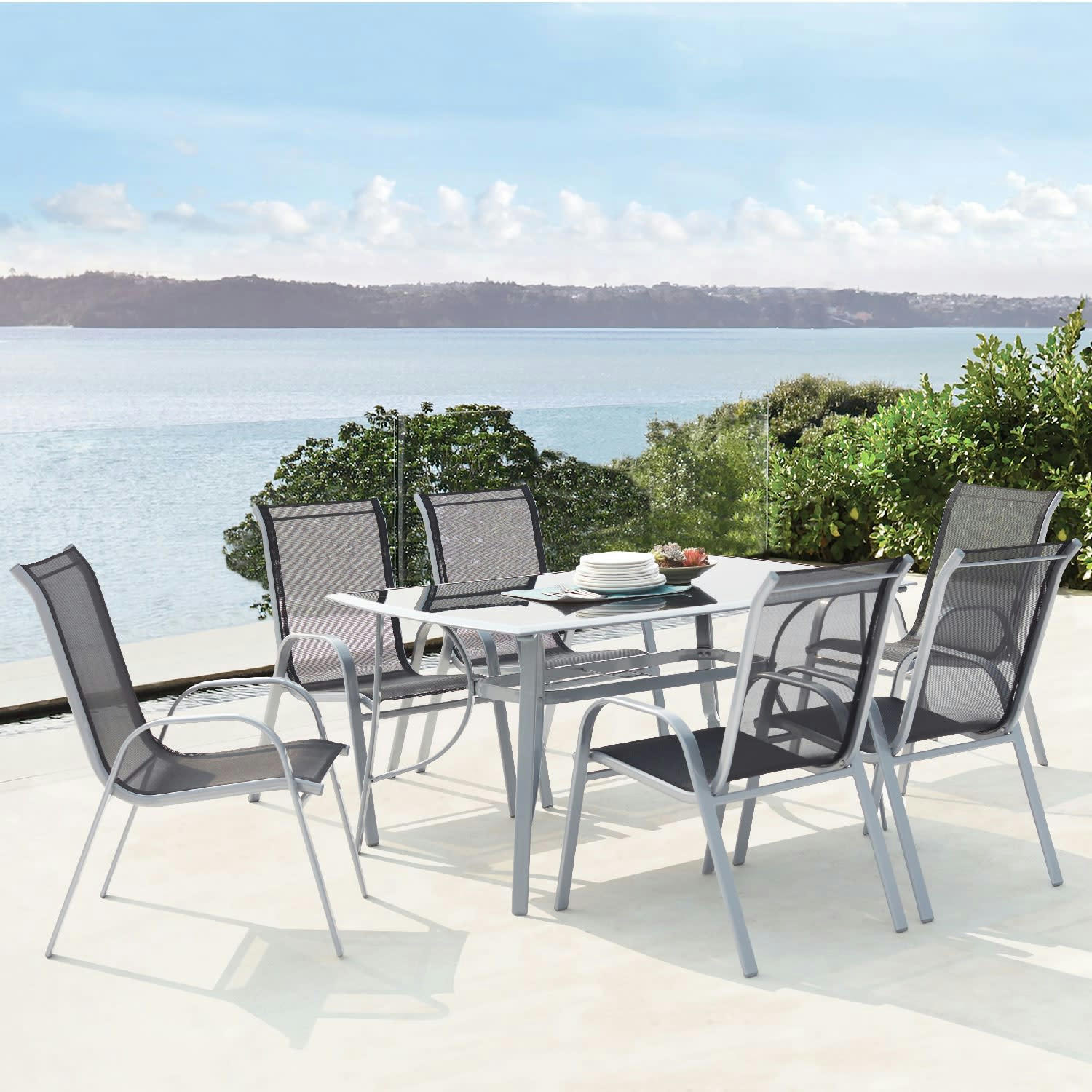 ALASSIO - Table de jardin et 6 chaises en aluminium et acier gris