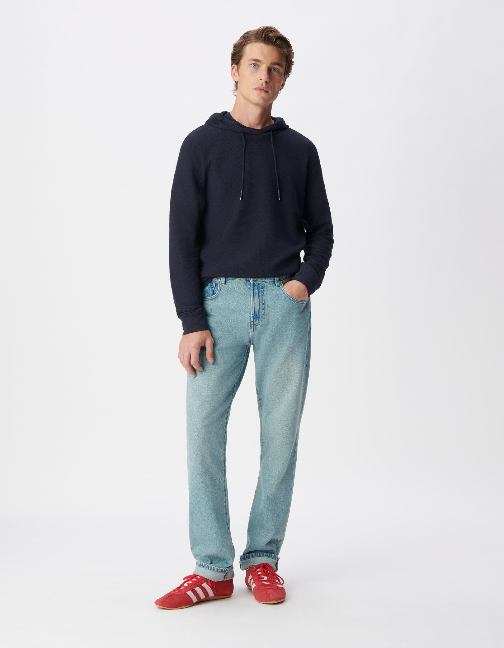 T-shirt à capuche marine maille relief Homme