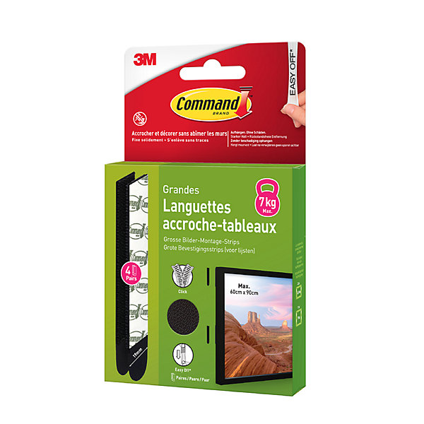 Languette adhésive accroche-tableaux grandes 3M Command max 7kg - 4 paires noir