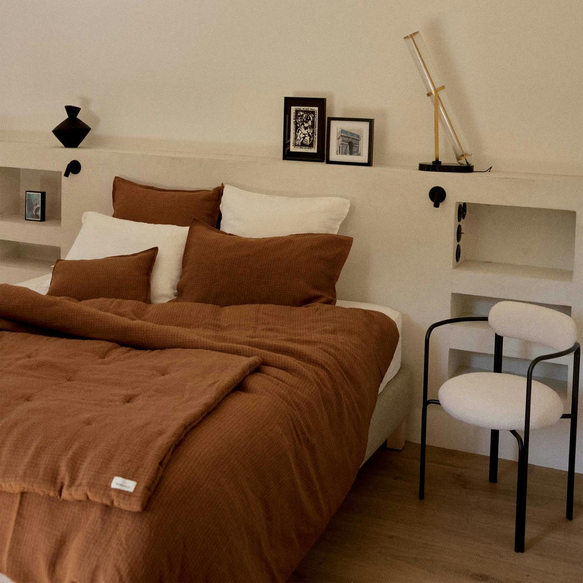 EQUILIBRE - Housse de couette en lin lavé vichy marron 240x220