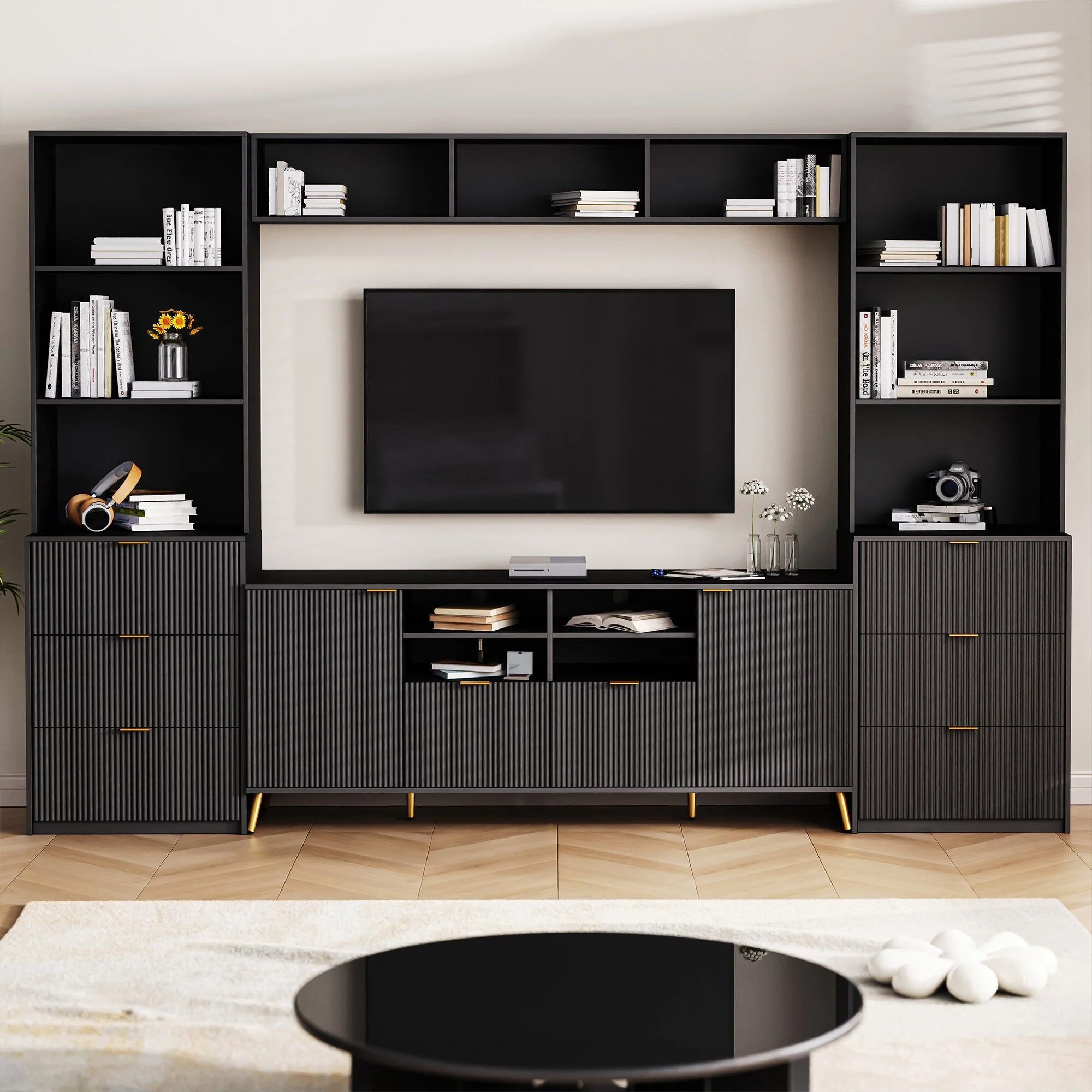 Black 113 Entertainment Wall Unit with Shelves, Drawers & Cabinets for TVs Up to 70