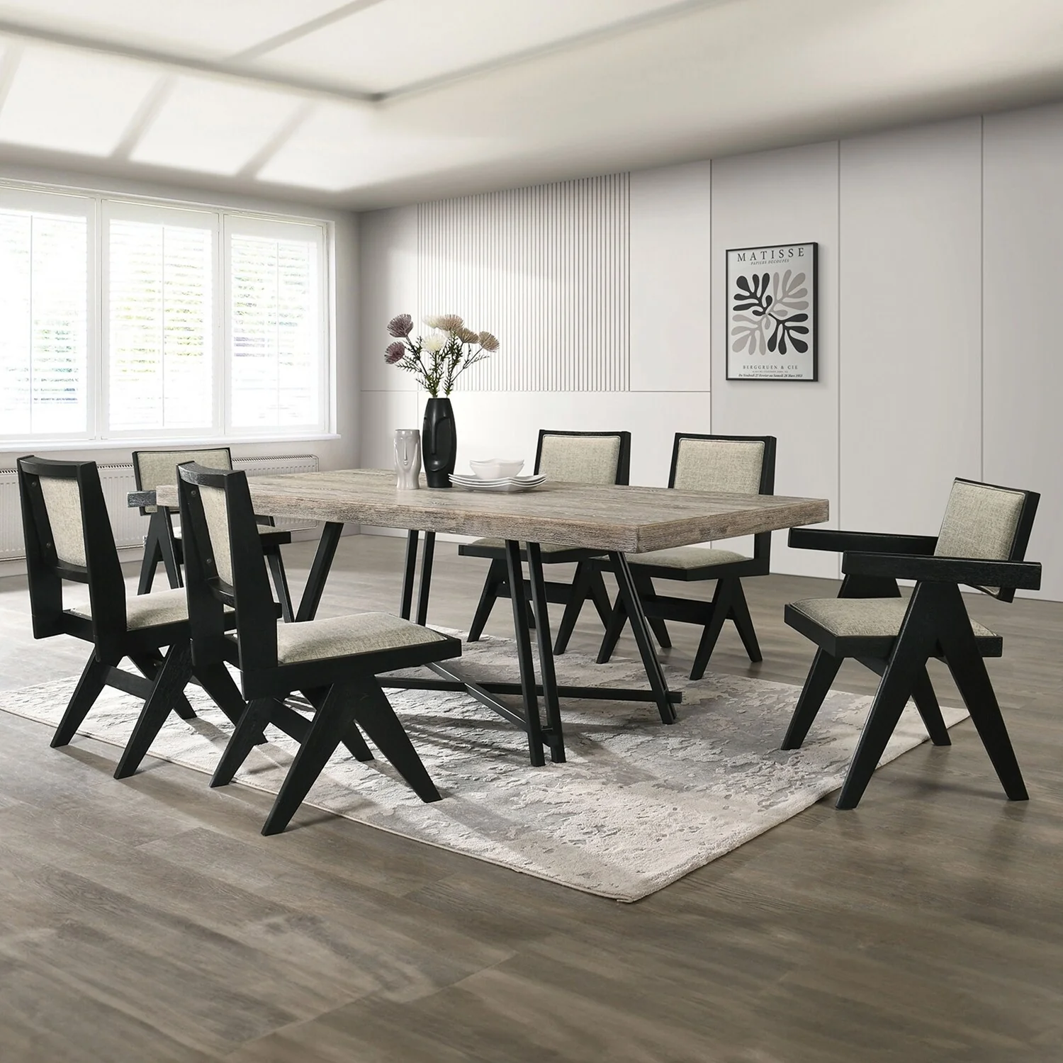 7 Piece Rectangular Wooden Dining Set in Black and Light Gray