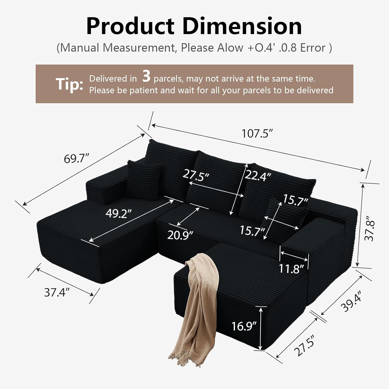 107 Cloud Modular Sectional Couches, Modern Convertible U Shaped Couch, 3 Seat Corduroy Comfy Deep Seat Sectional Sofa Oversize Deep Seat Sofa
