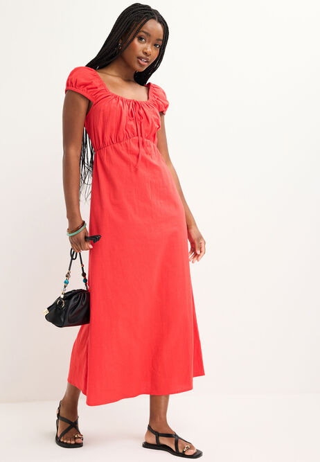 Womens Red Linen Look Milkmaid Dress