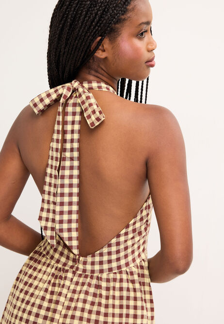 Womens Brown Gingham Halter Neck Midi Dress