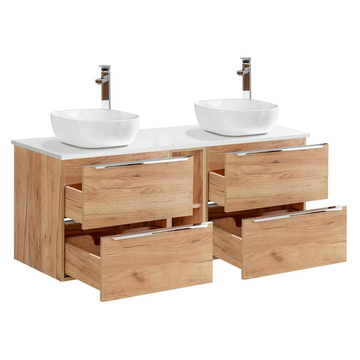 - Meuble double vasque 140cm 2 niches naturel et blanc
