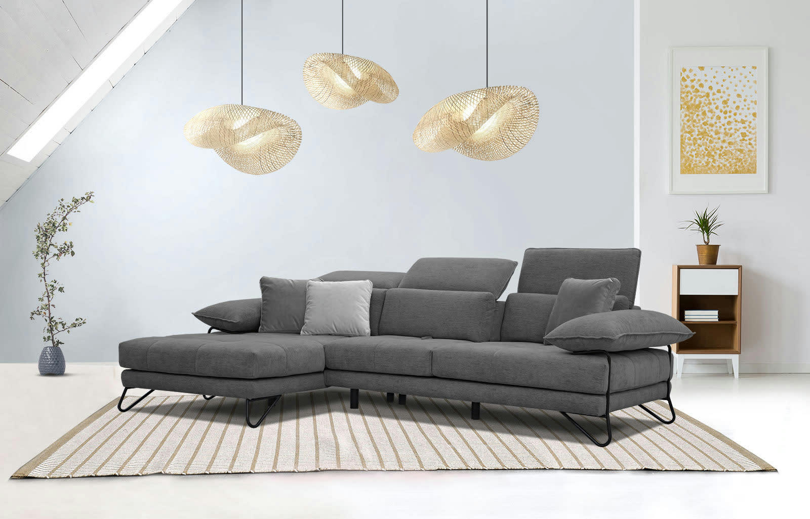 NORDEN - Canapé d'angle gauche 4 places en tissu gris foncé avec coussins déco