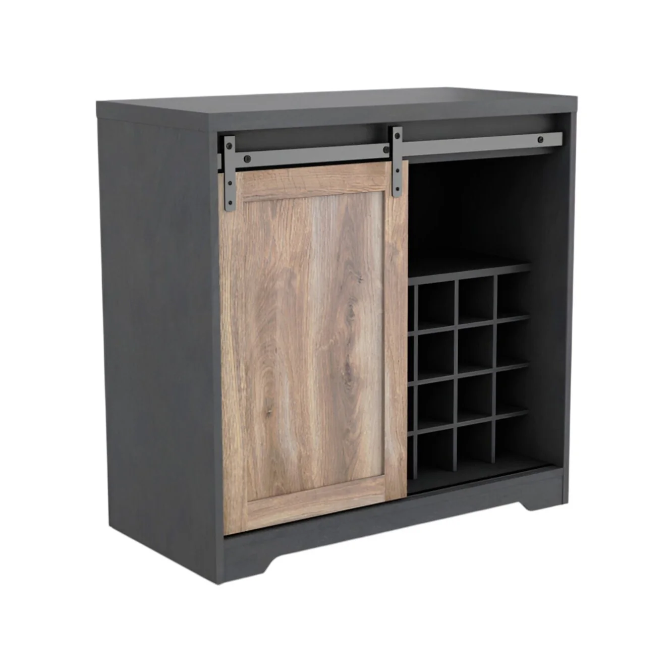 HomeRoots 32 Charcoal And Natural Wood Barn Door Bar Cabinet