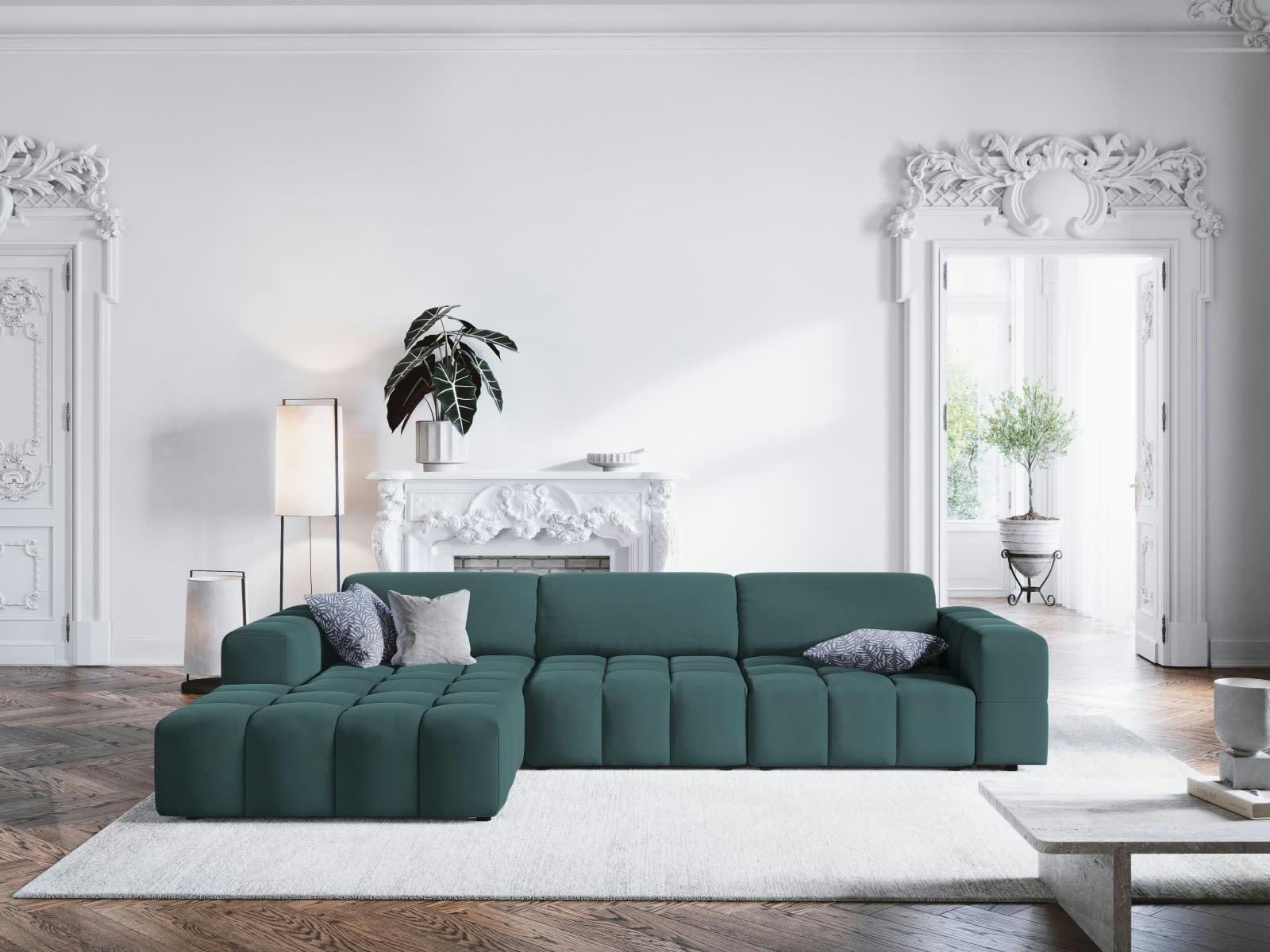 LUC - Canapé d'angle gauche 4 places en tissu velours pétrole