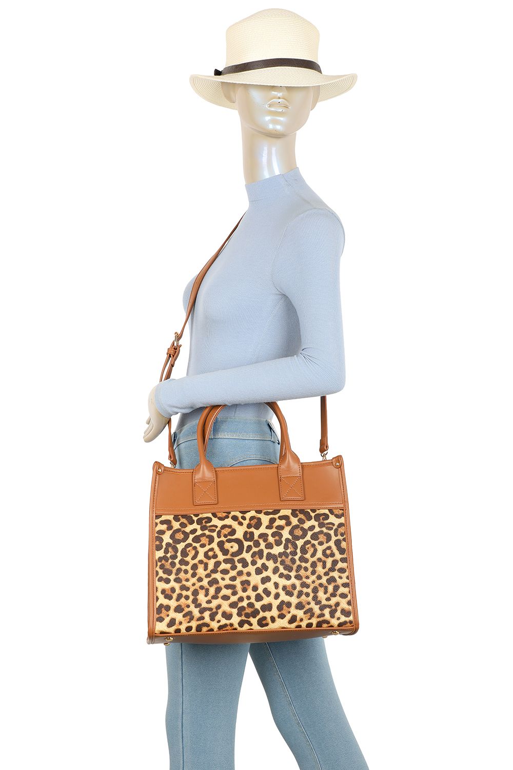 Fontanella Fashion Glam PU Leather Top Handle Crossbody Bag With Leopard Stripes