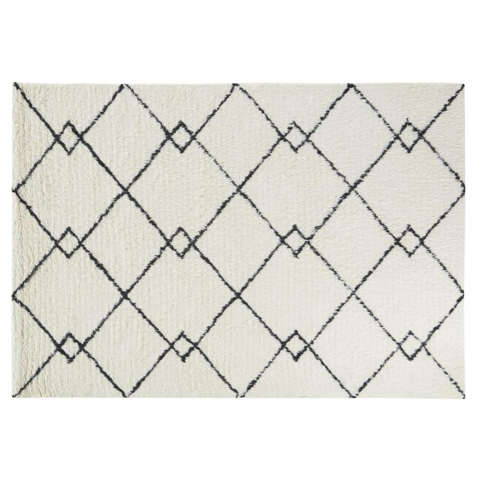 YANET - Tapis style berbère en laine tuftée motifs graphiques noirs et beiges 160x230
