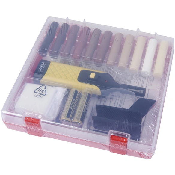 Bodenreparaturset, inkl. Wachsschmelzer, Reinigungsspachtel, Schleifschwamm, für Laminat, Kunststoff
