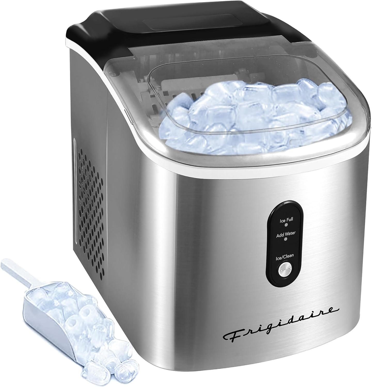 Frigidaire Stainless Steel Ice Maker Machine - Heavy Duty - Makes 26 lbs of Clear Ice Per Day - Digital LED Control Panel - Transparent Window - 1.2 Quart Water Reservoir - Stainless Steel