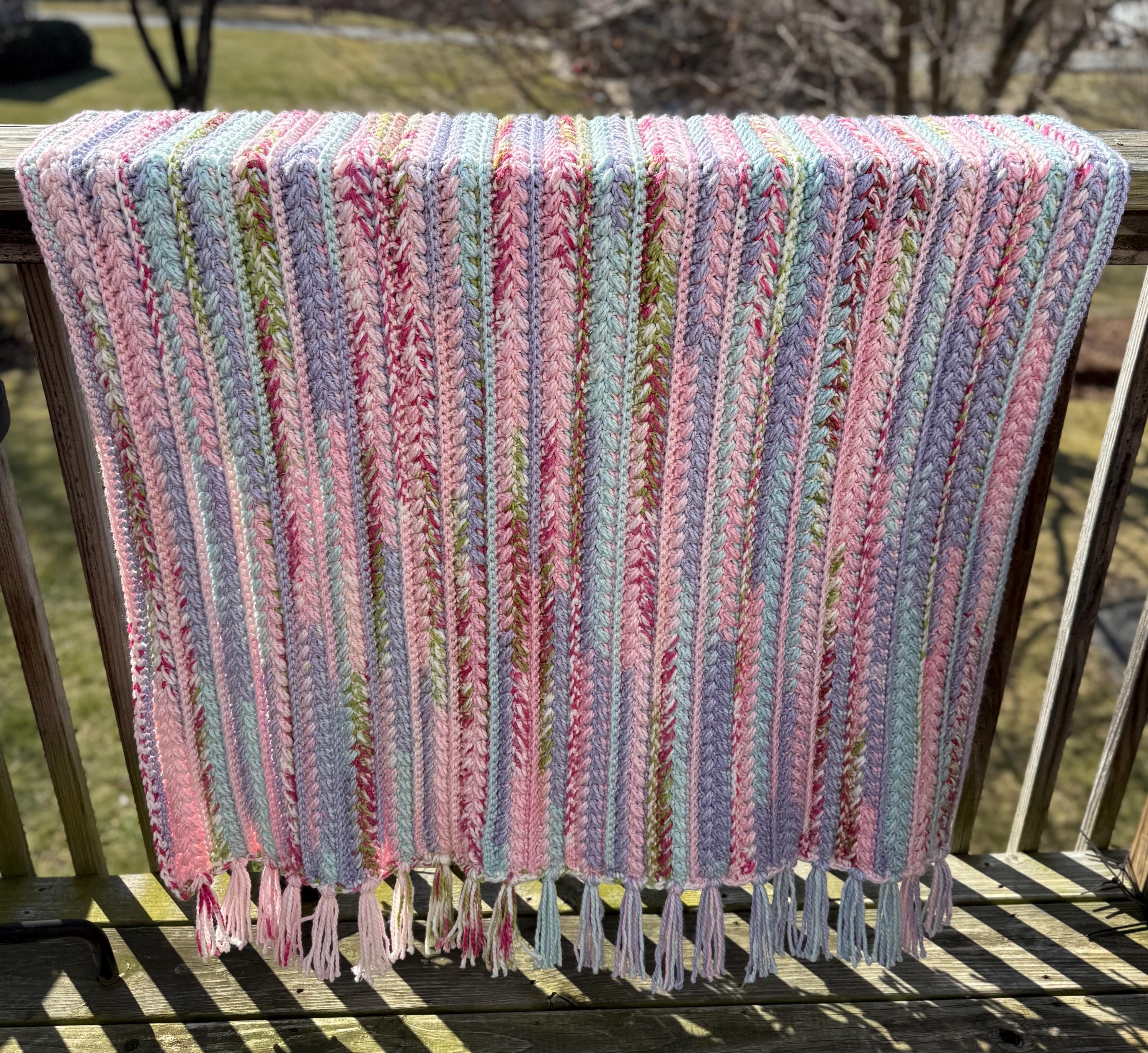 Handmade Pastel Crochet Throw Blanket: Textured Stitch, Fringe Trim (66inx42in)