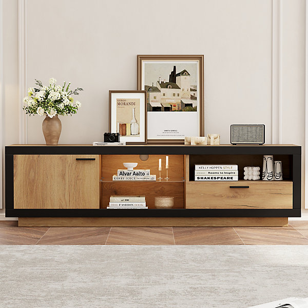 Meuble TV Moderne avec LED et Tiroir, étagères en Verre pour TV jusqu'à 70 pouces, MDF, Chêne et Noir - 160x40x50 cm