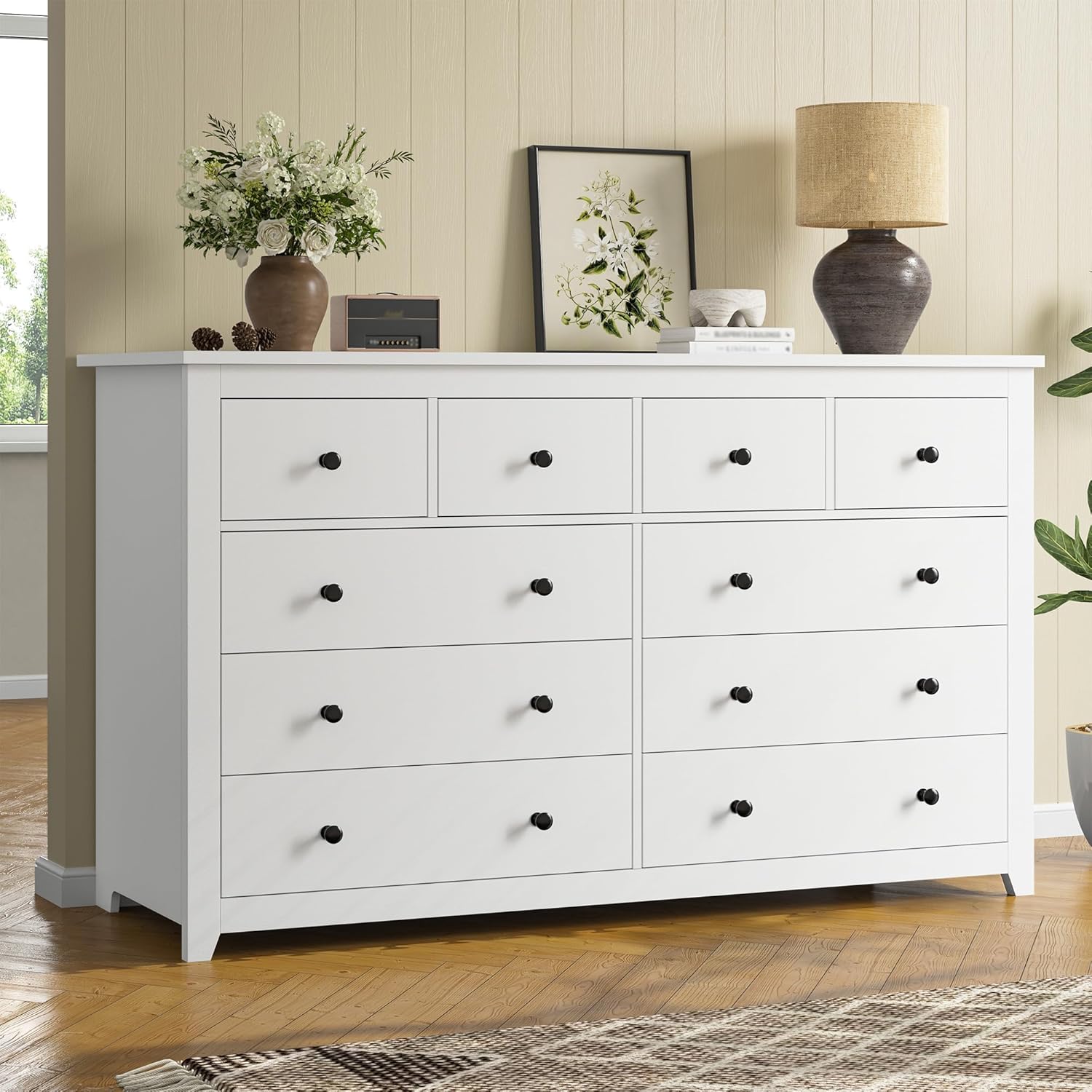 White Dresser for Bedroom with 10 Spacious Drawers Large Wood Dresser TV Stand for Bedroom Modern Chest of Drawers for Living Room Hallway Entryway, Smooth Slide, 15.7 D x 52 W x 36.5 H