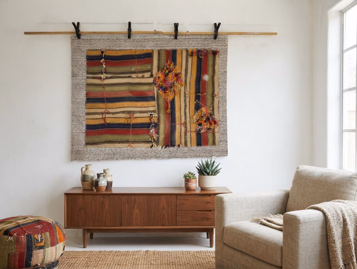 Vintage Wool Kilim Tapestry, Handwoven Tribal Boho Textile Wall Art, 3'4x4'4