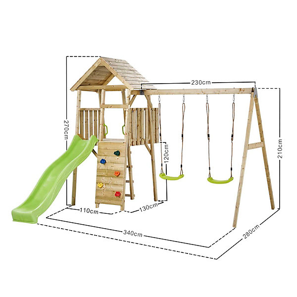 Aire de jeux bois, 2 balançoires, nid, toboggan, escalade, cabane WOODI
