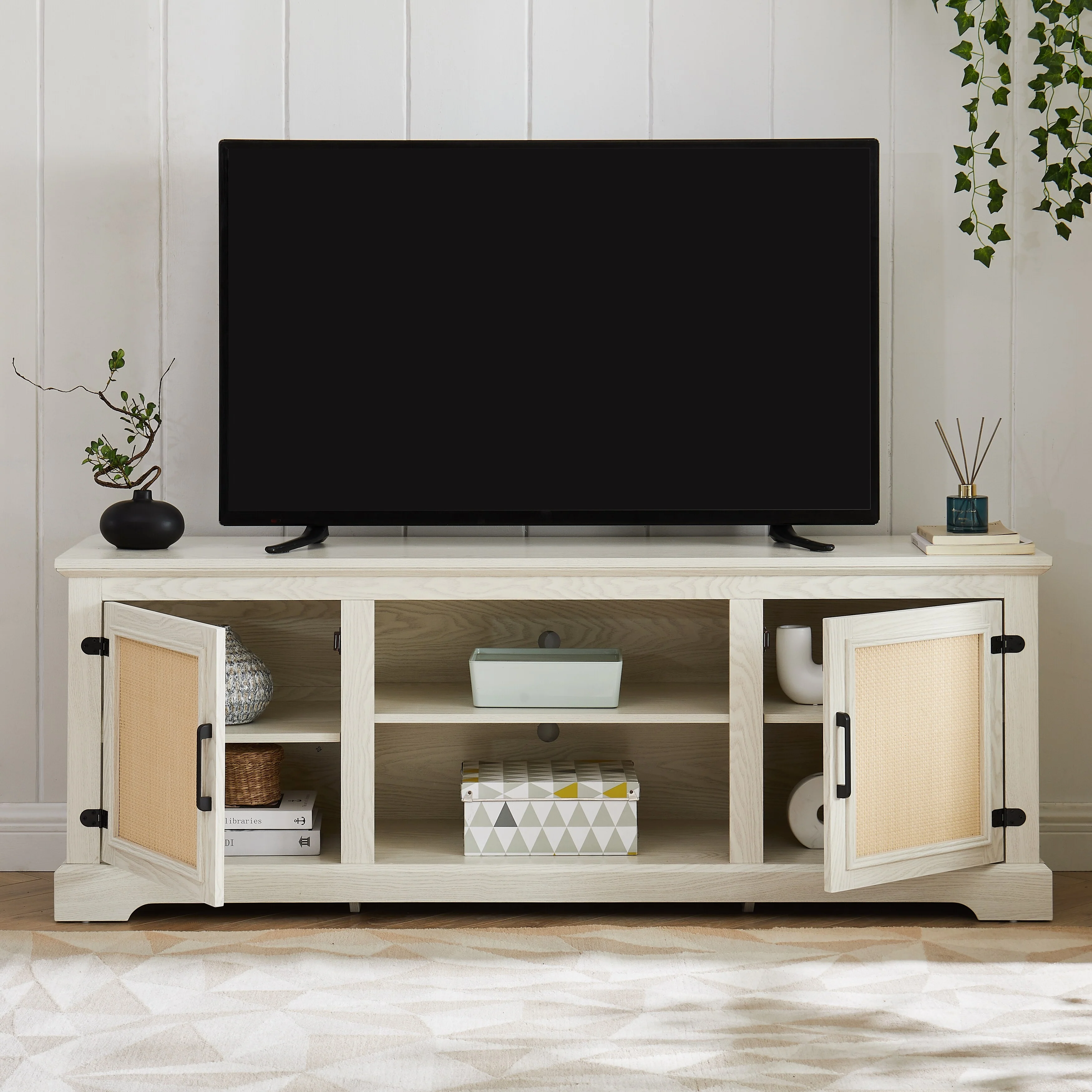 Farmhouse Rattan TV Stand Console Table for TVs Up to 70 Inches Featuring 2 Natural Rattan Door Cabinets