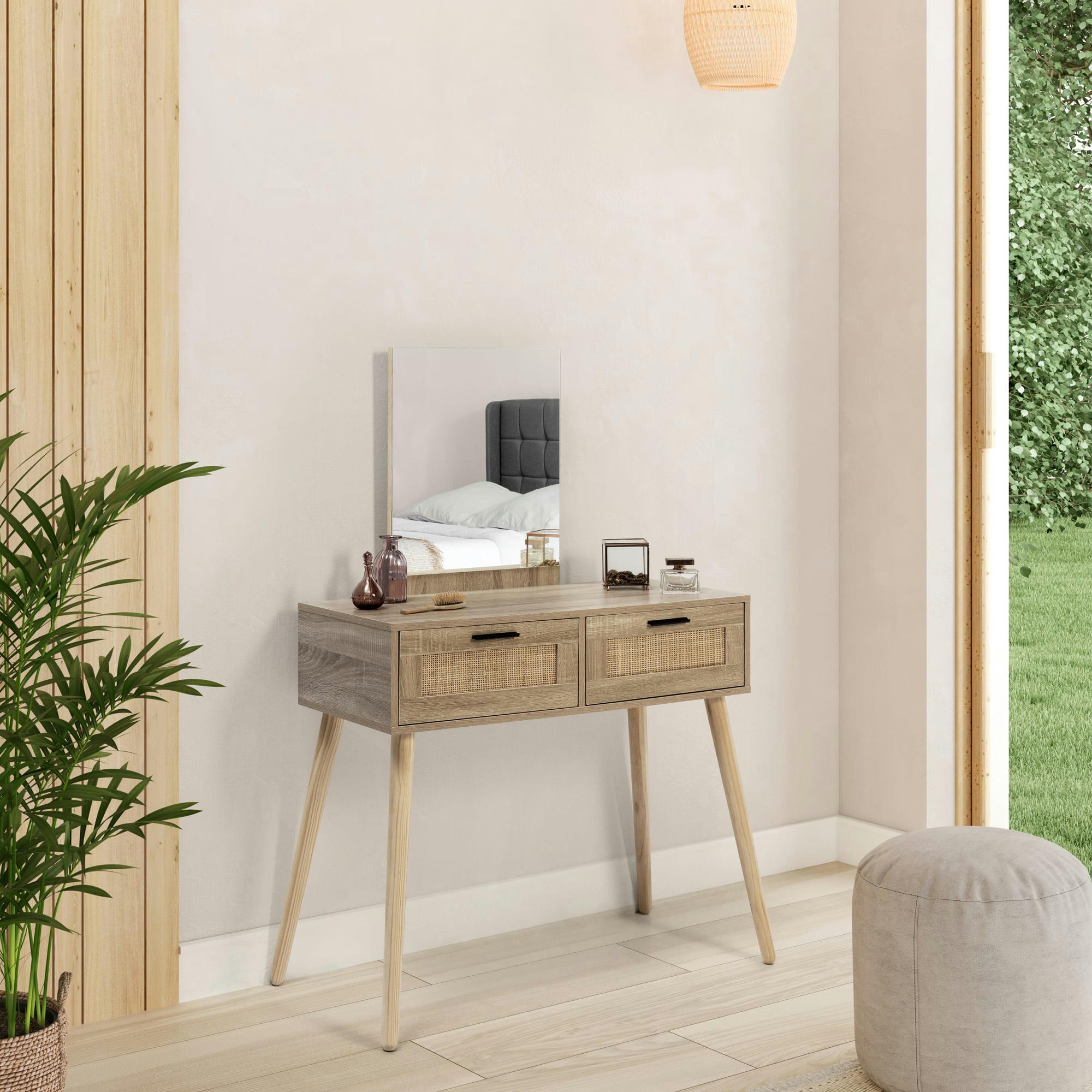 DALIA - Meuble d'entrée 2 tiroir et miroir, couleur chêne, 90 cm largeur