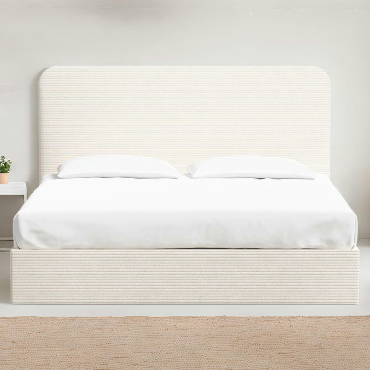 ENSEMBLE ENZO - Lit 140 x 190 en velours côtelé beige + tête de lit et sommier