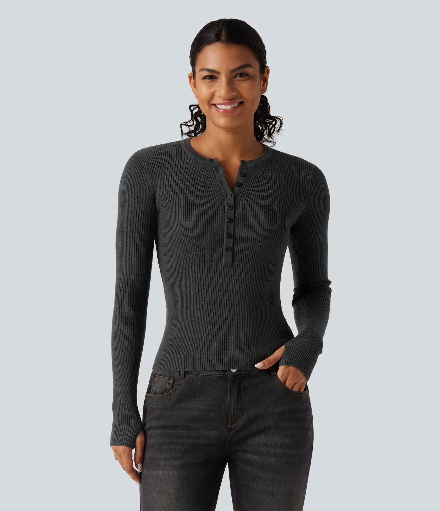 Pull de bureau à col Henley, manches longues et passe-pouces