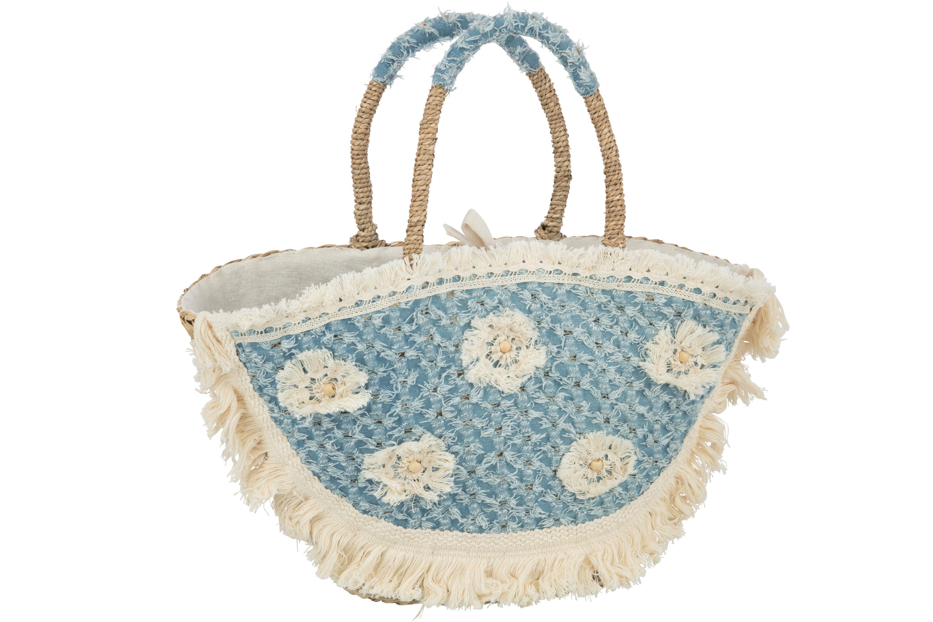 J-Line strandtas Bloemen   Franjes Denim - zeegras - naturel/blauw