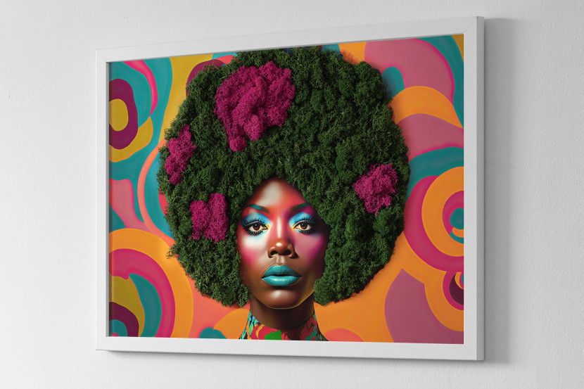 Obraz z mchem - Kobieta z afro 60x40 cm Biała Rama