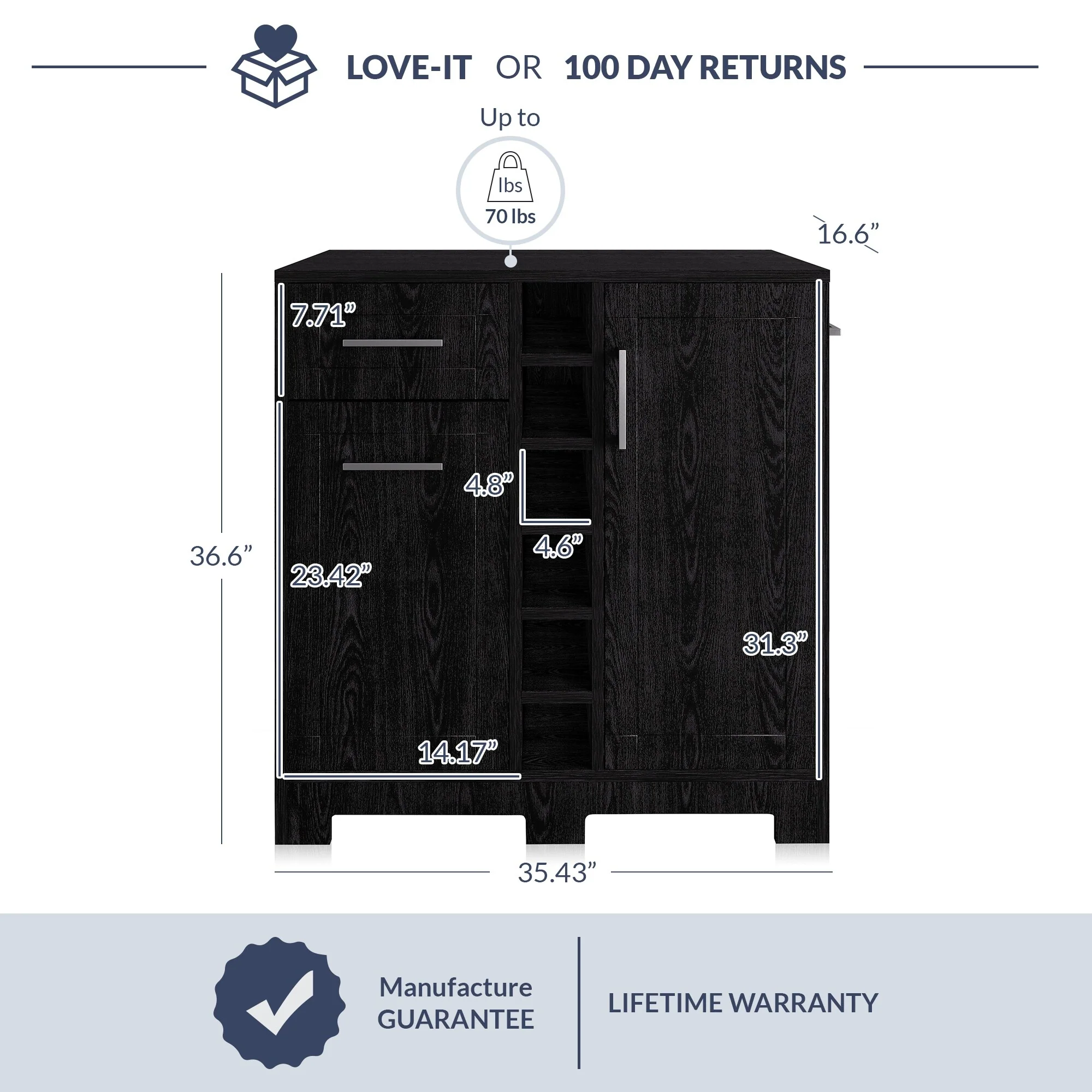 BELLEZE Vietti Bar Bottle Storage Cabinets and Drawer, Black