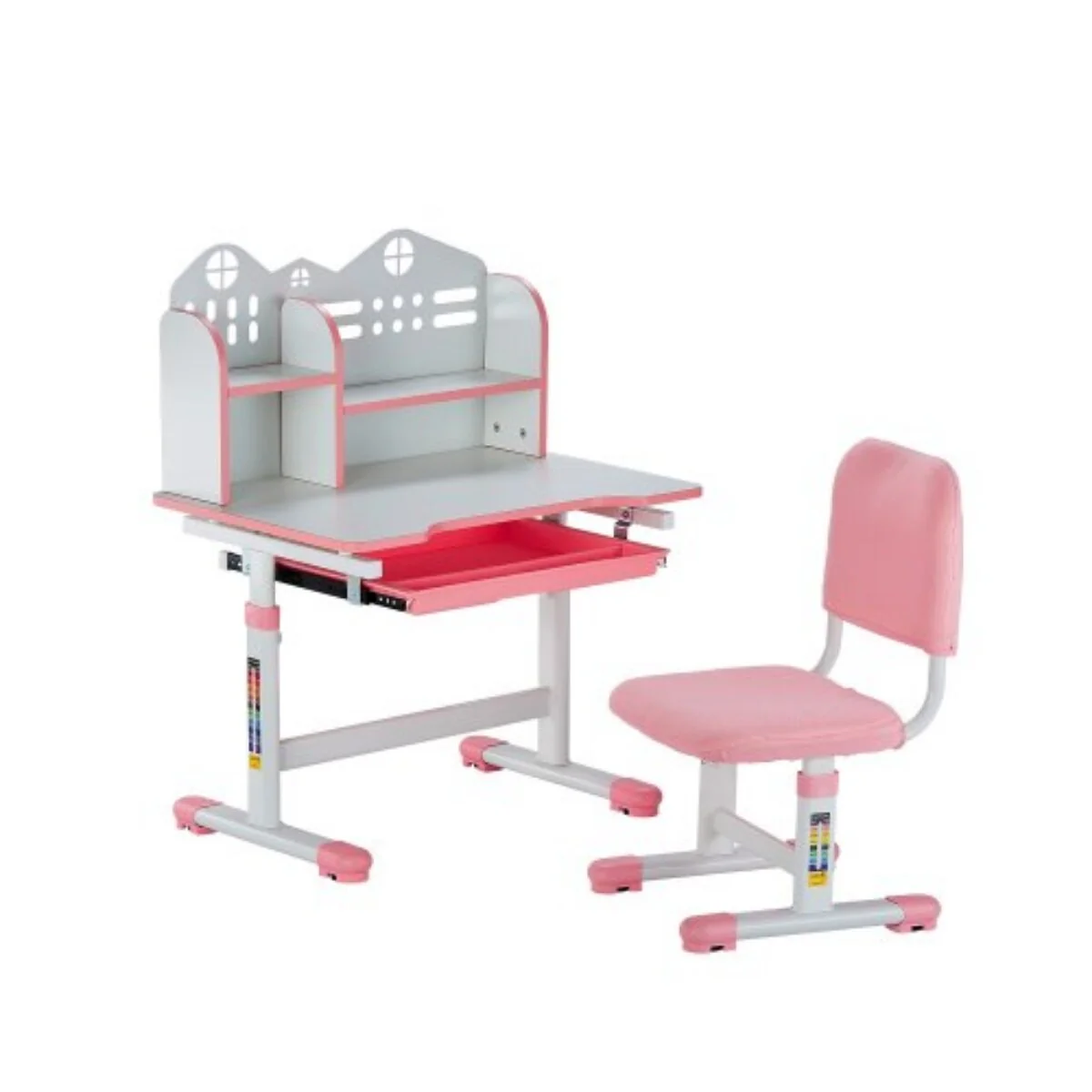 Pink Height Adjustable Kids Study Chair and Desk with Bookshelf and Drawer - 27.56 x 19.69 x (20.87 - 27.95) in