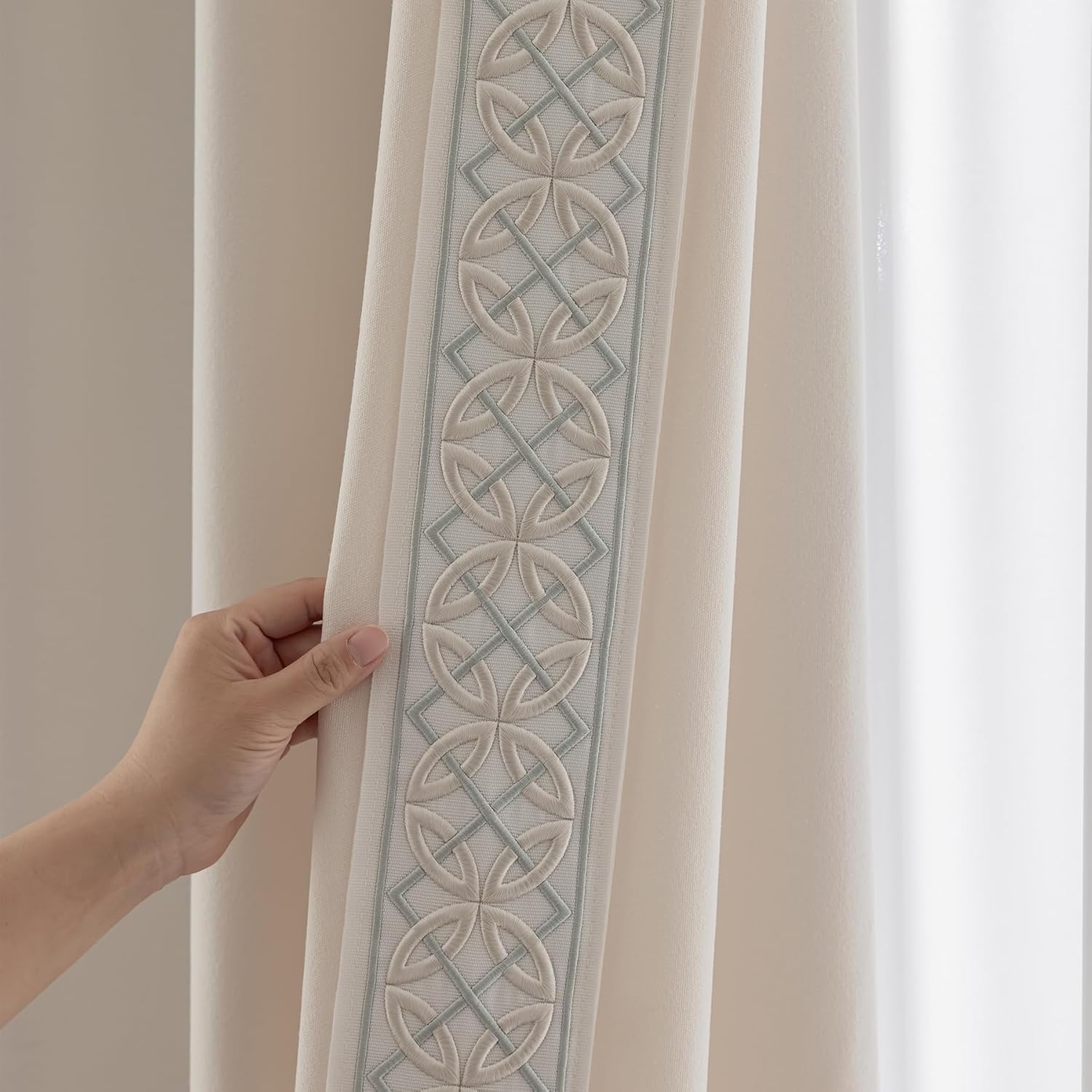 Luxury Cotton Linen Pinch Pleat Curtains, Embroidered Trim Memory Trained Drapes for Stylish Living Room, (50 W x 96 L)