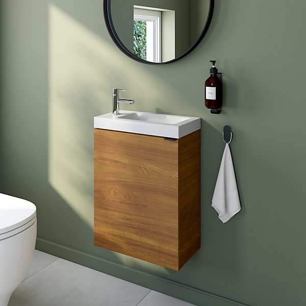 Meuble lave-mains suspendu effet noyer l.44 cm Imandra   plan vasque blanc céramique Nira, GoodHome