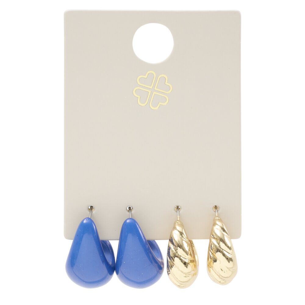 Boucles d'oreilles 2 paires goutte bleu et métal doré L2,5cm