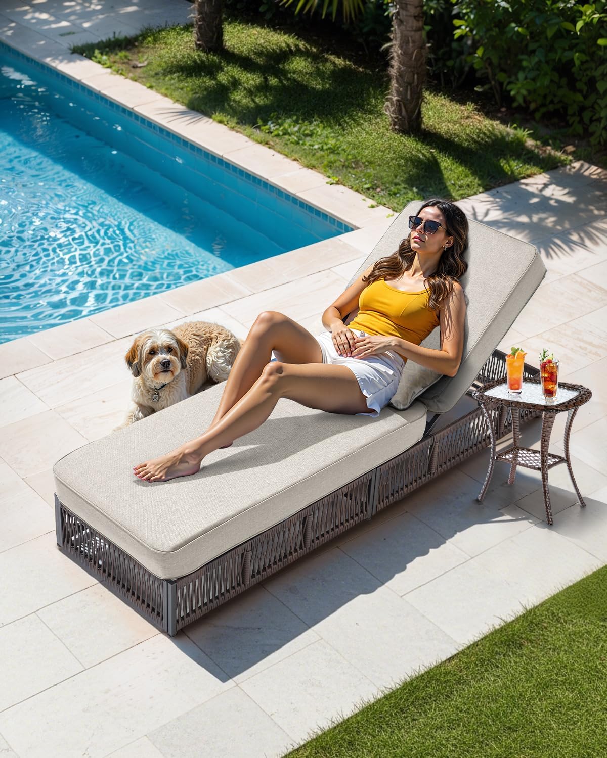 Luxury Outdoor Chaise Lounge with 5 Inch Thickened Cushions - 1 Set High Back Brown Wicker Patio Recliners Rattan Reclining Chairs Porch Poolside Pool Sunbathing Lounger - Beige