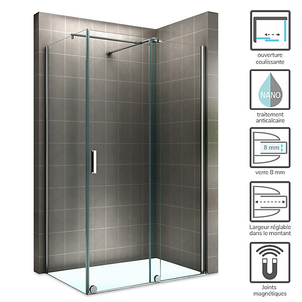 Paroi de douche d'angle NAPOLI H.200 cm porte coulissante verre 8 mm transparent 90 x 160 cm (porte 160) - Saniverre